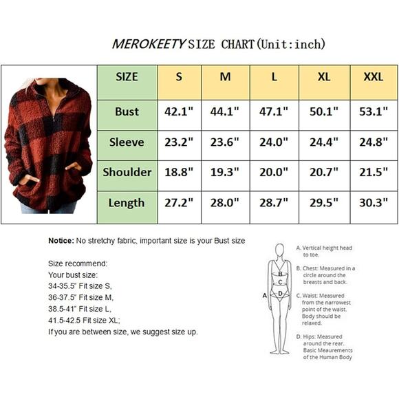 MEROKEETY Women's Plaid Sherpa Fleece Zip Pullover Jacket Medium - Picture 3 of 8